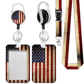 The United States Flag Badge Holder Plastic Case with Retractable Badge Reel Carabiner Clip and Detachable Lanyard Strap Fashionable Vertical Card Protector for Women Nurse Teacher Student