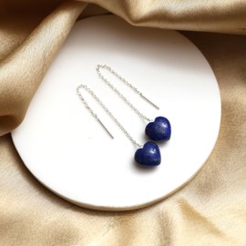 GemInspire Blue Lapis Lazuli Earrings Puffy Heart Earrings Long Threader Dangle Earrings for Women Blue Heart Earrings September Birthstone 925 Silver Gift for Mom (lapis-lazuli)