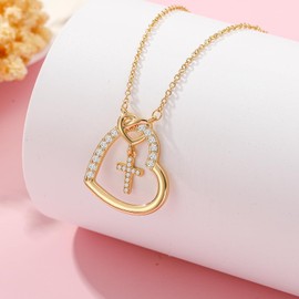 ZephyrHome 18K Kreuz Halskette Damen Gold, Vergoldete Halskette Damen mit Herz Anhänger, Filigrane Kette, Geschenk Schmuck Kreuz für Mädchen und Frauen