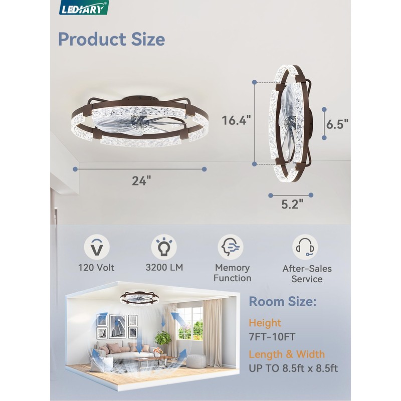 LEDIARY 24 Inch Low Profile Ceiling Fans with Lights and