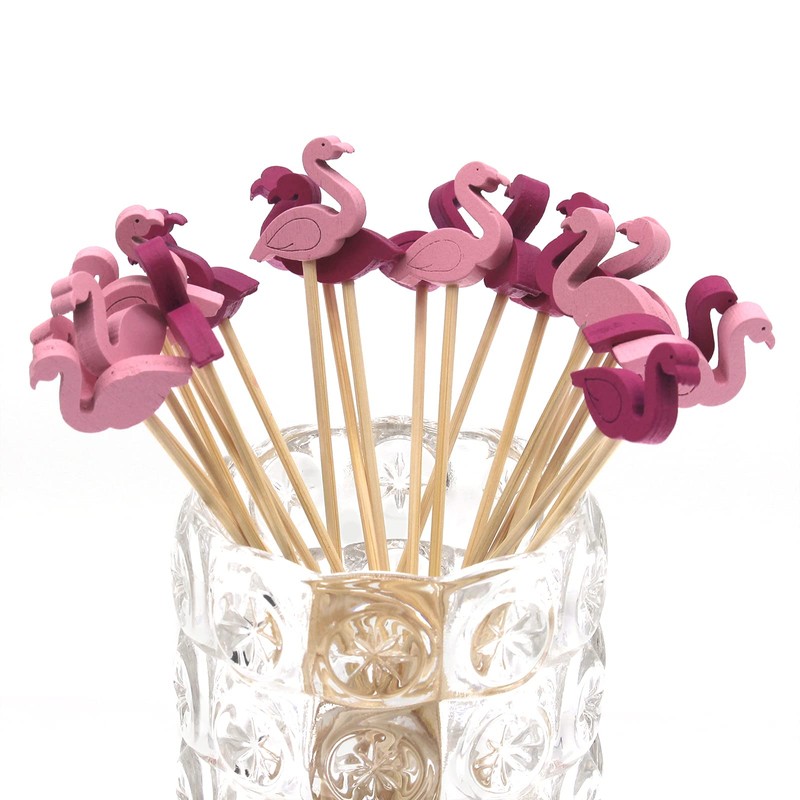 Minisland Pink Red Flamingo Cocktail Picks, 5 Inch Long Bamboo