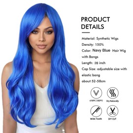 Tangyaoyusun 28Inch Navy Blue Wig with Bang Long Wavy Curly Hair Cosplay Wig For Girls Women Theme Party (Navy Blue)