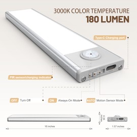 Under Cabinet Lighting，6 Pack Motion Sensor Light Indoor，Wireless USB Rechargeable Magnetic Closet Lights，68 LED Under Counter Lights for Kitchen，Wardrobe，Hallway，Stairs，16 inch Warm White Light