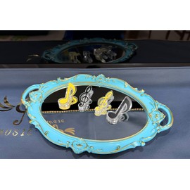 Schones Geschaft Decorative Mirror Tray, Makeup Jewelry Perfume Organizer，Vintage Oval Display and Serving Tray for Bedroom Living-Room Dresser Decor (14.4”x 9.8”) (Blue - Oval)