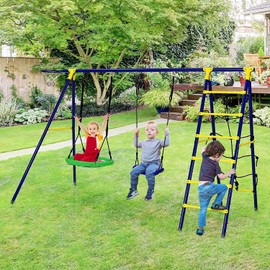 HONEY JOY 550lbs 2 Seat Swing Set with Heavy Duty A-Frame Metal Swing Stand, 5-in-1 Swing Sets for Backyard w/Saucer Swing, Belt Swing, Climbing Net & Ladder, Basketball Hoop, 6 Ground Stakes
