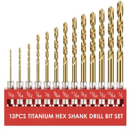 MACXCOIP Hex Shank Drill Bit Set, 13Pcs HSS Titanium Twist Drill Bit for Sheet Metal, Wood, Plastic, Quick Change Design (1/16" - 1/4")