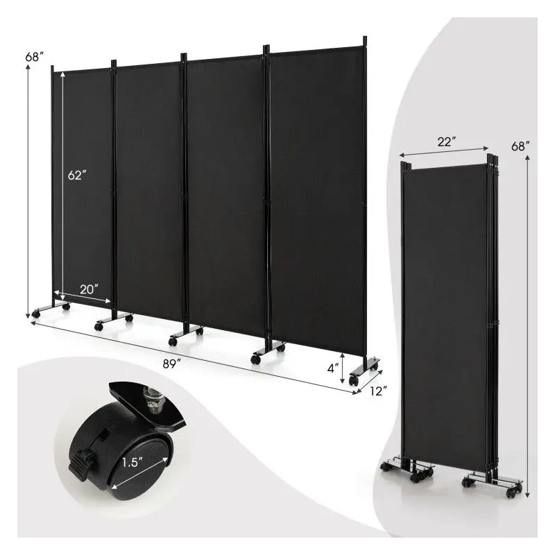 4-Panel Folding Room Divider with Lockable Wheels Privacy Screencolor: Brown