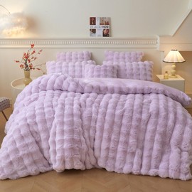 LIFEREVO Fluffy Faux Rabbit Fur Duvet Cover Set, Cute Plush Shaggy Bubble Light Purple Bedding Set Adult Girl Kids Teens, 1 Fuzzy Bed Comforter Cover with Zipper + 2 Furry Pillowcases, Lavender, Queen