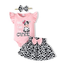 SUNNY PIGGY Baby Girl Clothes 3-6 Month Newborn Dress Summer Infant Outfit Ruffle Short Sleeve Romper Onesie Baby Girl's Clothing Pink Headband Letter Cow Printed Top 3Pcs