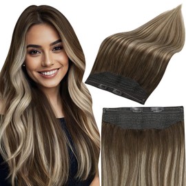 Fshine Invisible Wire Hair Extensions 2/3/27 Balayage Darkest Brown to Honey Blonde Mix Brown Natural Hair Extensions Human Hair Fish Line Remy Human Hair Layered Hairpiece Clip ins 20 Inch 120G
