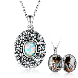 Sterling Silver Locket Necklace for Woman Daisy Flowers Vintage Opal Locket Necklace That Holds Pictures Always in My Heart Photos Locket Jewelry Gifts for Loved One