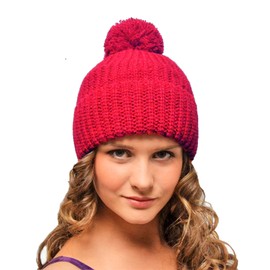 Entire Empire Red Bobble Hat Women Woolly Hat Bobble Beanie with Pompom for Women Red Winter Hat Chunky Knit Ladies Cap Hat Womens Christmas Santa Hat (Red)