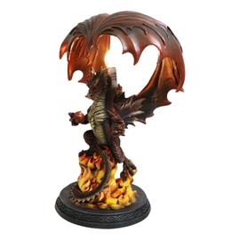 Ebros Gift Fantasy Red Hell Fire Flame Volcano Dragon Table Lamp with Towering Canopy Wings Statue 15" Tall Fantasy Warlords Dragons and Dungeons Desktop Light Decor