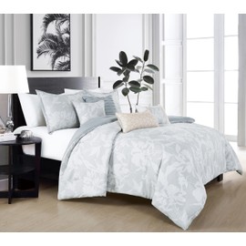 Chezmoi Collection Heather 7-Piece Floral Comforter Set Queen Size, Gray/White, Soft Jacquard Textured Lightweight Bedding for All Season (1 Comforter, 2 Pillow Shams, 4 Decorative Cushion)