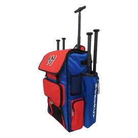 No Mercy Baseball 4 Bat Bag with Heavy-Duty Rolling Wheels for Travel Games and Practice Play, Youth and Adult Equipment Storage Tote for Balls, Gloves, Accessories (Blue/Red)