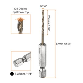 sourcing map 5pcs 1/4" Hex Shank Drill Bit 5/64" Gold Oxide M35 High Speed Steel Twist Drill Bit 135 Degree Split Point Tip Drilling Tool with Quick Change Hex Shank for Metal Wood Plastic