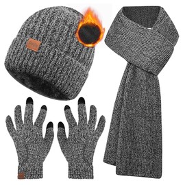 Ziwijity Scarf Hat and Touchscreen Gloves Set for Men Women Winter 3 in 1 Hat Scarf Glove Beanie Knitted Hat Long Scarf Thickened and Soft Wool, Sisal grey