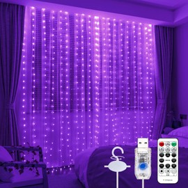 SINAMER Purple Curtain Light with Untangled Wires for Bedroom, 300LED 9.8ft x 9.8ft Window Fairy Curtain String Light with 16 Hooks, 8 Modes Remote Control for Wedding Party Home Indoor Decorations