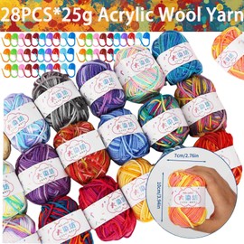 Crochet Yarn Double Knitting Wool (28X25g, 4-Ply), Multicoloured Acrylic Yarn Crochet Wool with Carry Bag, Aluminum Crochet Hooks Stitch Markers, Ombre Color Yarn for DIY Craft Blankets Socks Dolls
