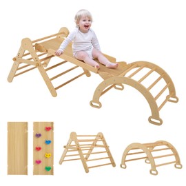 FUNLIO Foldable Pikler Triangle Set, Montessori Climbing Set with Solid Wood for Toddlers 2-5 yrs, Adjustable 5-in-1 Indoor Play Gym with Arch/Slide/Climbing Rock/Triangle, Easy to Install-Small Size