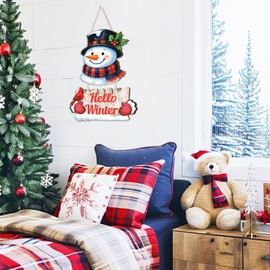 Celestdeco Hello Winter Door Decor,Snowman Wall Signs,Winter Wreaths for Front Door,Christmas Wreath,Bird And Snowman Wall Decorations,Merry Christmas Wooden Sign for Porch Yard Home Room Garden