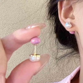 Iaceble Boho Pearl Heart Stud Earrings Heart Ear Jacket Earrings Gold Love Heart Earrings Pink Heart Stud Earrings Double Side Heart Earrings Two Tone Earrings Jewelry for Women