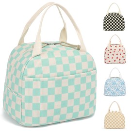 Lunch Bag for Women Men Reusable Insulated Lunch Tote Bag Leakproof Foldable Lunch Box for Picnic Work Travel Food Storage Bag Girls Boys Cute Corduroy Lunch Cooler (Checkered Green)