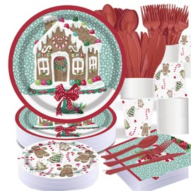 PAMMYAN Gingerbread Party Paper Dinner Plates and Napkins for Christmas Holiday and Winter Party, 25 Set Gingerbread Cookies, Gumdrops, and Peppermints Party Plates, Perfect for Christmas Holly Party