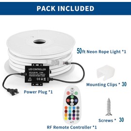 FORT AC110V 120V LED RGB Neon Rope Lights, 50FT Linkable Light Strip,144 led/M IP67 Waterproof, Multicolor Neon Strip Lighting with Remote Controller for Indoor Outdoor Home Commercial Decor ETL FCC