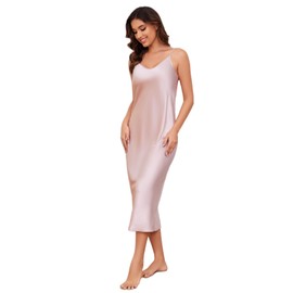 THXSILK - Camisón largo de seda para mujer, camisón de seda de morera pura, correa ajustable, Rosado encantador., S