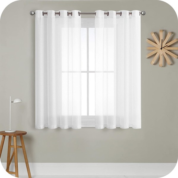 MRTREES Voile Curtains 63 Inch Drop 2 Panels Faux Linen Eyelet Sheer Curtain Panel for Bedroom Living Room Patio Door 55x63 Inch Drop 140cm x 160cm White