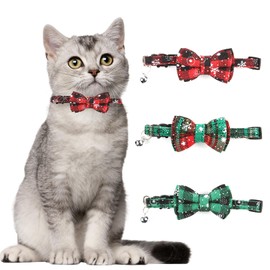 Pack of 3 Christmas Cat Collar Adjustable, Red Green Checked Snowflakes Cat Collars with Bow Tie & Bells Christmas Cat Costume Accessories Accessories, Easy to Wear and Remove