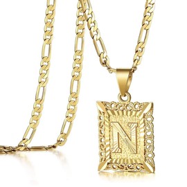 HITCH REAP 14k Gold Plated Stainless Steel Initial Letter Pendant Necklace for Men Womens,Square Capital Monogram Necklace Alhpabets Figaro Chain Necklace Gold N