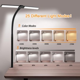 LED Desk Lamp for Home Office,24W Double Head Table Light with Adjustable Flexible Gooseneck,Dimmable Desktop Lamp with Clamp 5 Brightness 5 Color for Workbench Reading Study Computer Monitor