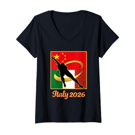 Womens Italy 2026 Speed Skating China and Italy Flag Winter Sports V-Neck T-Shirt