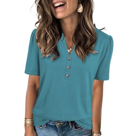 XMTOPYE Women Summer Tops Short Sleeve Shirts for Women V Neck Solid Casual Soft Ladie Tshirts Blue Green