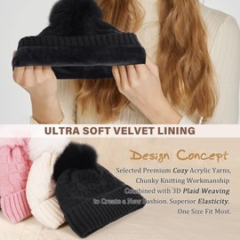 ZASFOU Women Winter Beanie Hats Knit Plaid Pompom Beanies Slouchy Fleece Lined Womens Hat Skull Cap Cold Weather Gifts for Women Black
