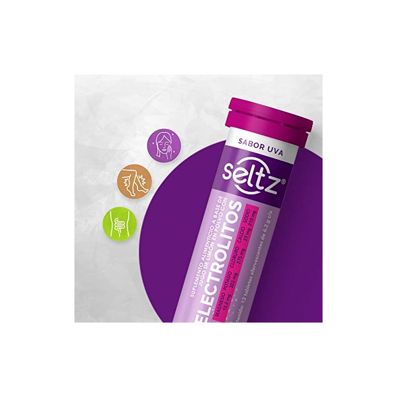 SELTZ Kit Electrolitos Tableta Efervescente, Sabores fresa kiwi más uva,