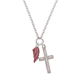 Delight Jewelry Silvertone Medium Translucent Red Angel Wing I Set You Apart Engraved Cross Zoey Necklace, 28"
