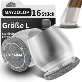 MAYZOLOP Pack of 16 Transparent Chair Leg Caps, Diameter 29-34 mm, Slanted Chair Legs with Grey Felt, Hardwood Floor Chair Leg Protectors, Round Chair Leg Caps, No Noise, No Scratches
