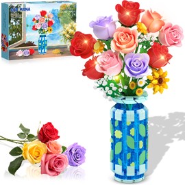 CUBIMANA Rose Flower Kit with Vase and LED Light, 16 Mini Bouquets Botanical Building Block Toy, Easter for Adults and Children, Artificial Flowers for Home Decoration and Display