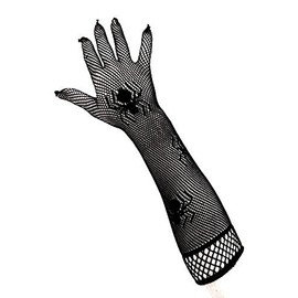 PartyXplosion® Women's Black Fishnet Gloves with Spiders Spider Web Look Spider Pattern Look Gloves Arm Warmers Elbow Long (12081), black