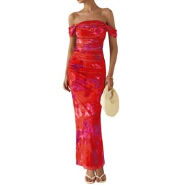 PRETTYGARDEN Women's Ruched Bodycon Maxi Dress 2025 Summer Off Shoulder Floral Mesh Cocktail Party Fitted Dresses (Rust Red Floral,Large)