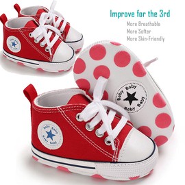 SABATUTU Baby Boy Girls Sneakers Canvas Shoes High Top Sports Soft Anti Slip Soles Newborn First Walker Fashionable Denim Shoes (01/Reds star, Infant, 6 Months, Age Range, US Footwear Size System, 12 Months, Medium)