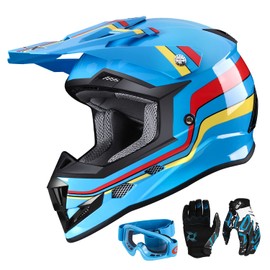 GLX GX623 DOT Kids Youth ATV Off-Road Dirt Bike Motocross MX Motorcycle Full Face Helmet Combo Gloves Goggles for Boys & Girls (Retro Blue, Large)