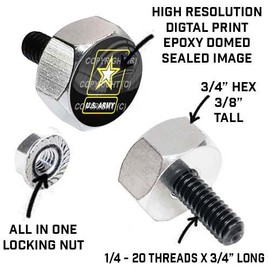Tricktoppers Hex Head Polished Billet Aluminum Universal Motorcycle License Plate Frame Fastener Tag Bolt Kit with High Resolution Gloss Graphics - Military Veteran US Army Star Logo (2 Pcs)