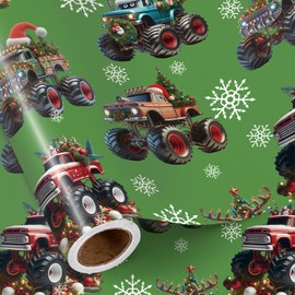 RUSPEPA Monster Truck Christmas Wrapping Paper Roll, Mini Roll, Holiday Decorated Trucks and Snowflake Design, Green Gift Wrap for Kids, Boys, Holiday Gifts, Christmas Party, 17 Inches x 16.4 Feet