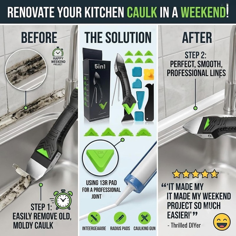 Silicone Caulking Tool 5 in 1,Caulk Remover Kit for Bathroom,