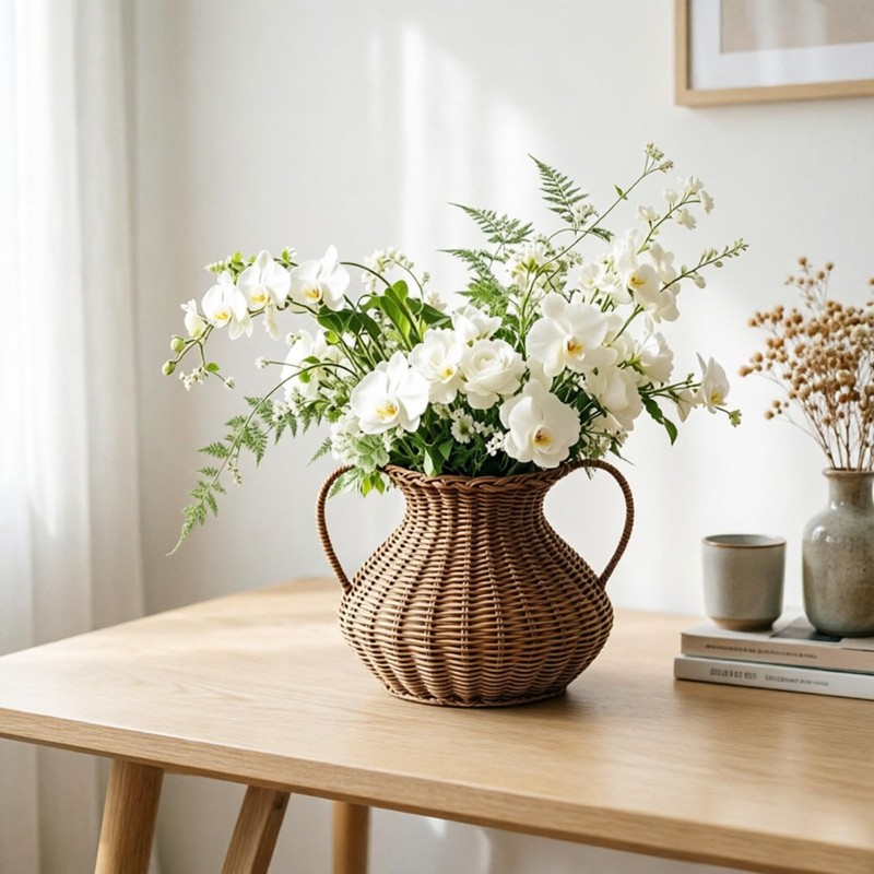 Handwoven Natural Rattan Flower Vase, Wicker Basket with Acrylic Liner,