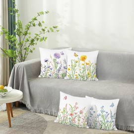 Bonhause Set of 4 Cushion Covers Spring Flowers 45 x 45 cm Colourful Garden Flower Butterflies Decorative Cushion Covers for Sofa Bedroom Home Garden Decoration